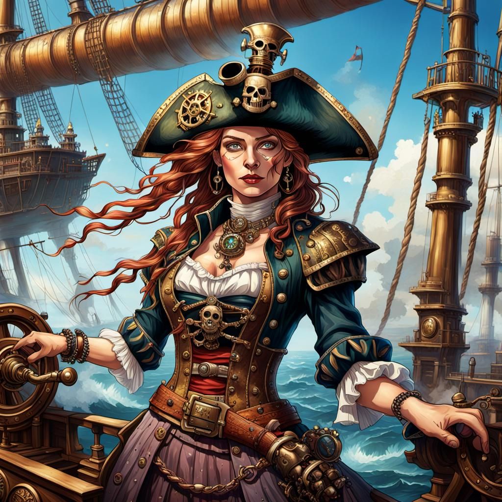 Steampunk Pirate Queen on Mechanical Ship