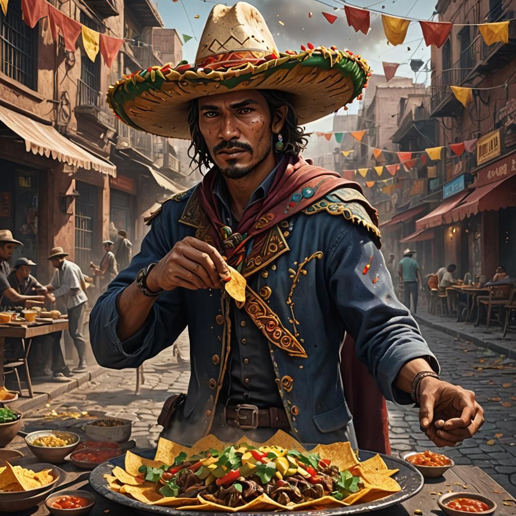 Man Eating Nachos in City Street Food Scene