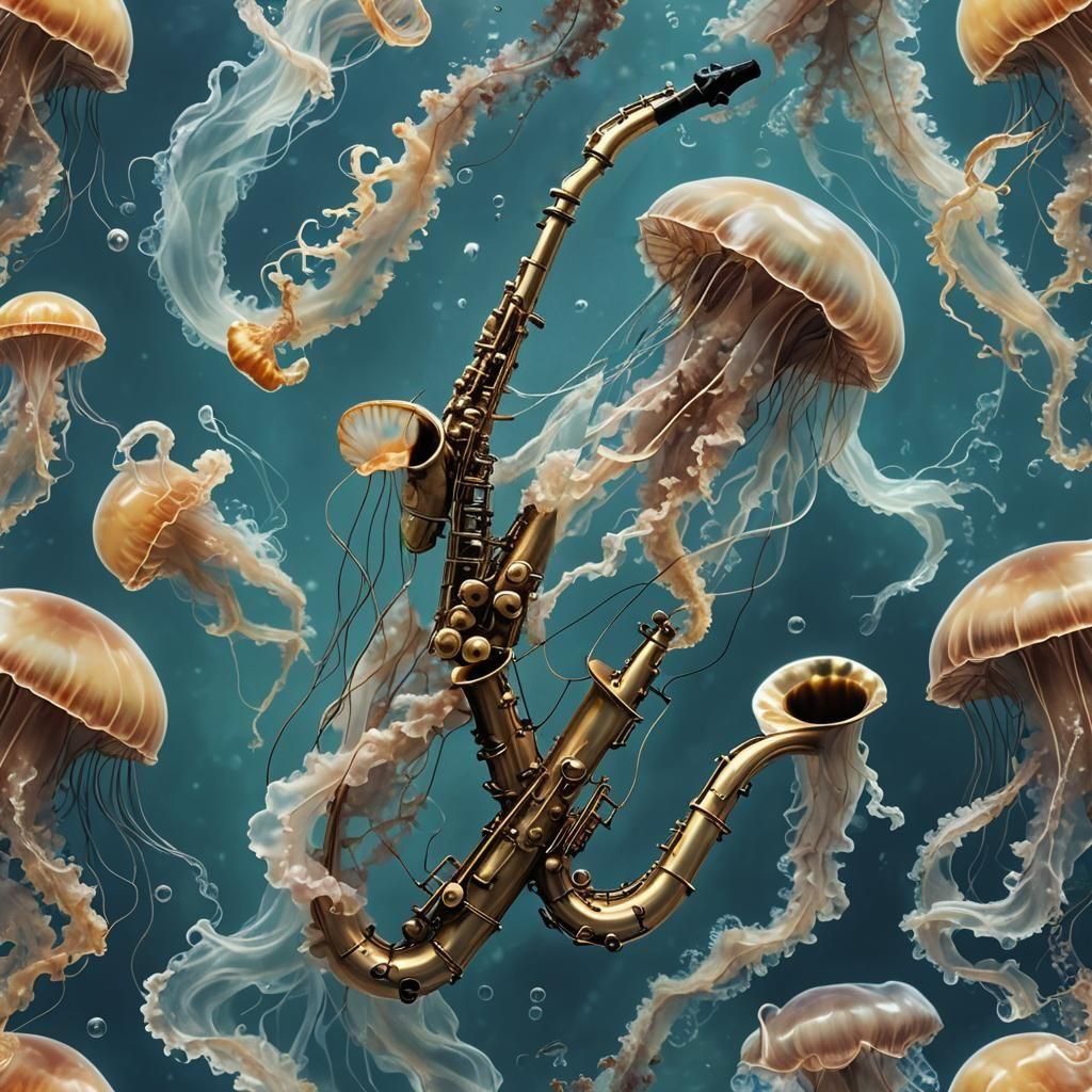 Jellyfish Playing Saxophone in Deep Ocean