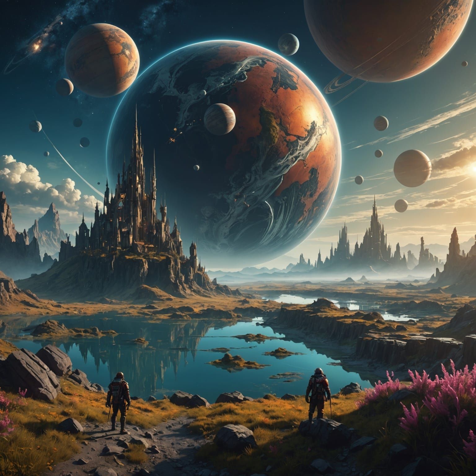 Spacecraft Flying Among Beautiful Alien Planets