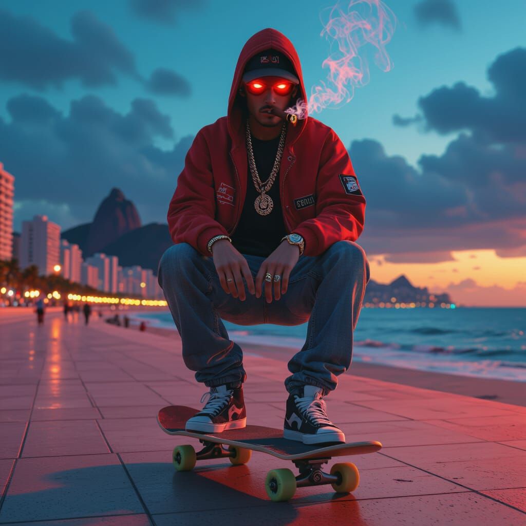 Hip Hop Skater on Copacabana Boardwalk with Red Eyes