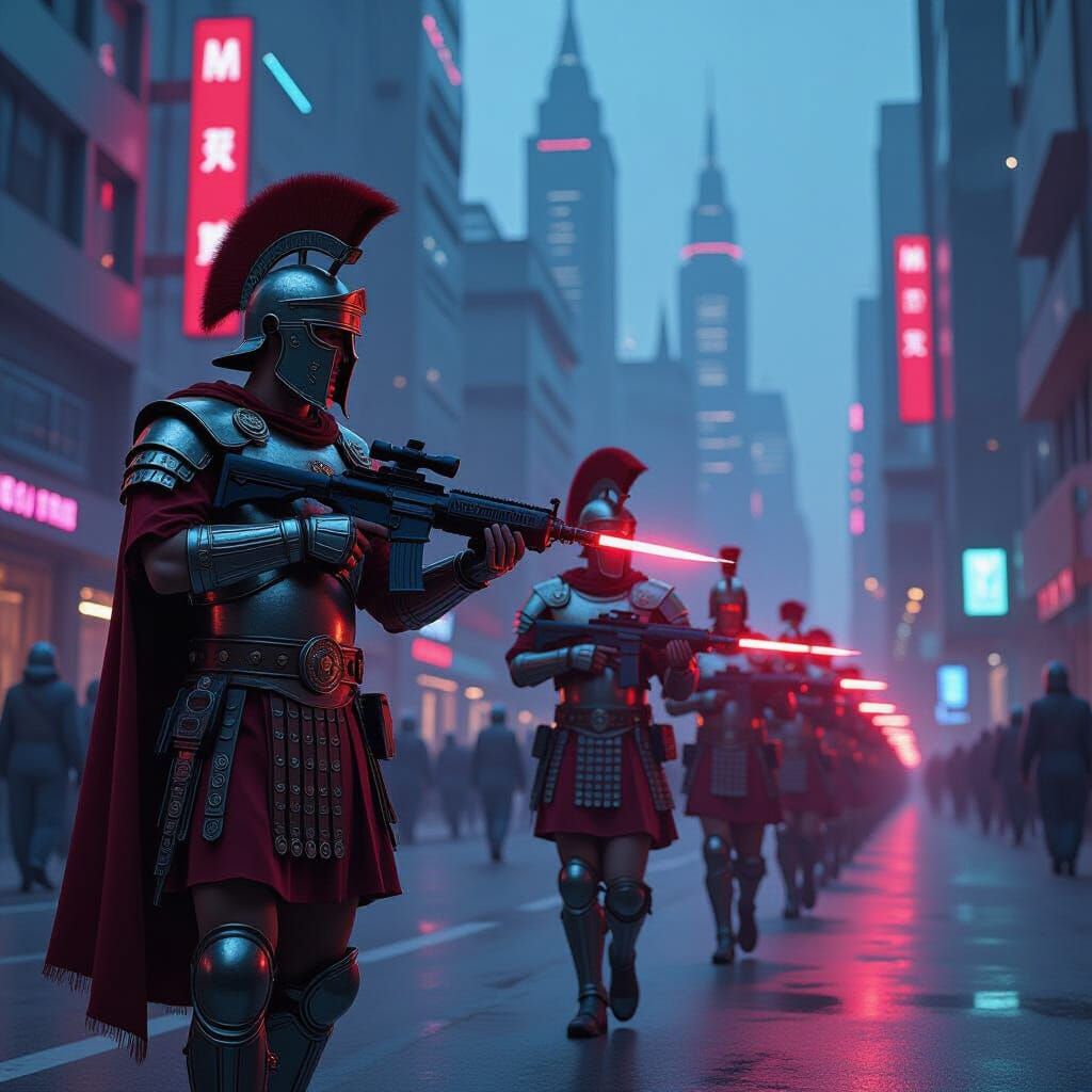 Futuristic Roman Legionaries March in Cyberpunk City