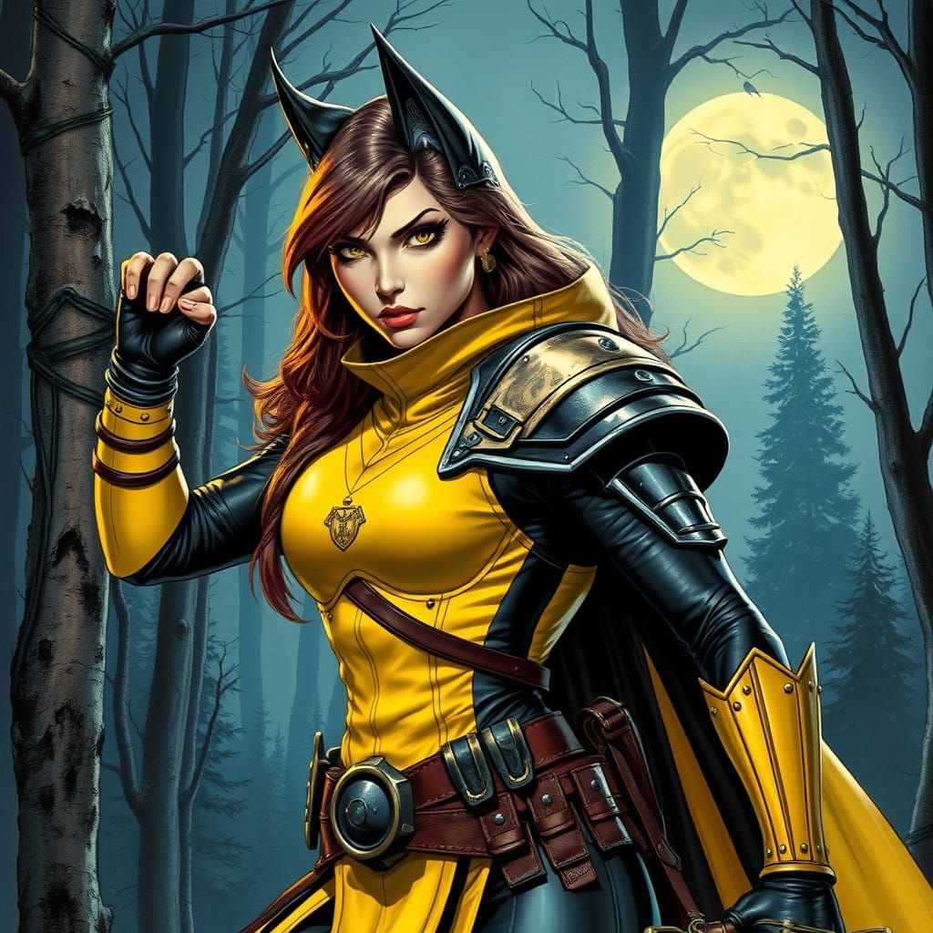 Heroic Female Warrior in Moonlit Forest