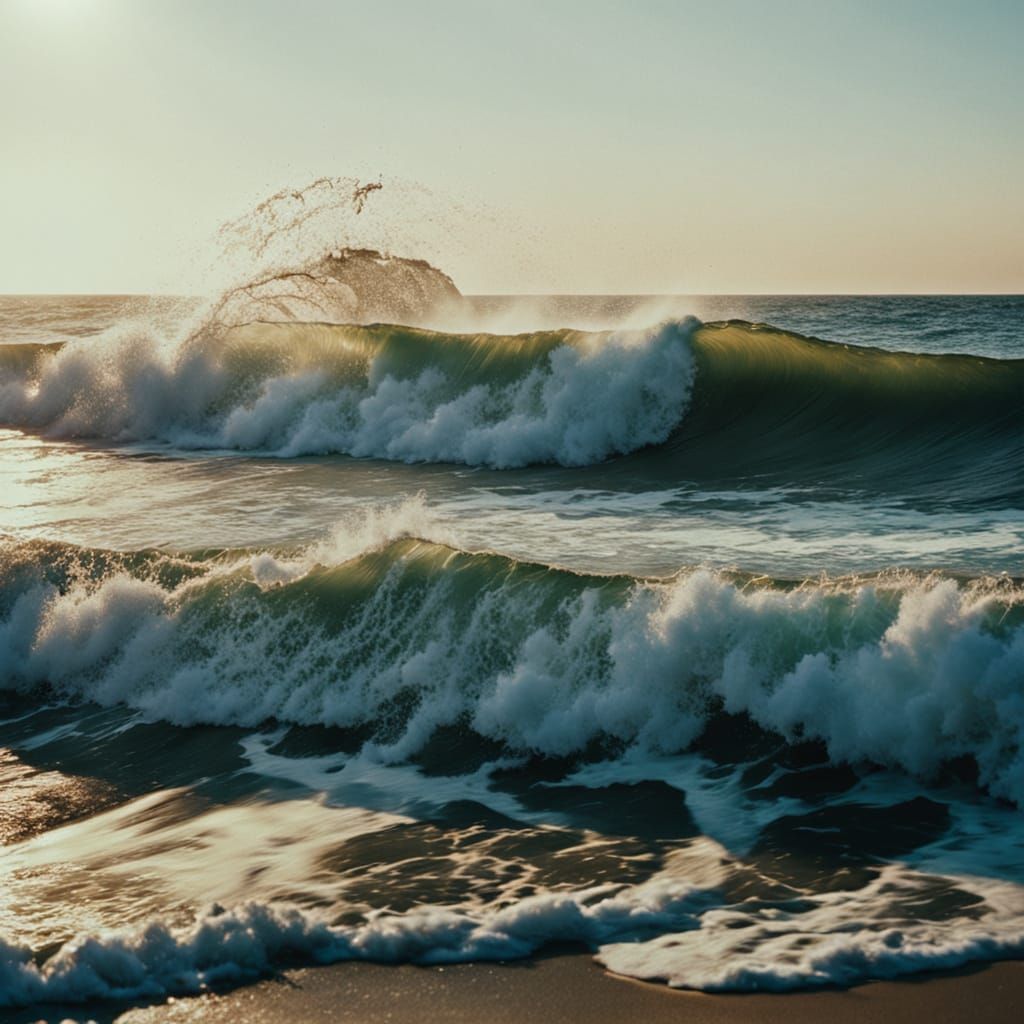 Cinematic Film Still: Ocean Waves Crash on Golden Hour Beach