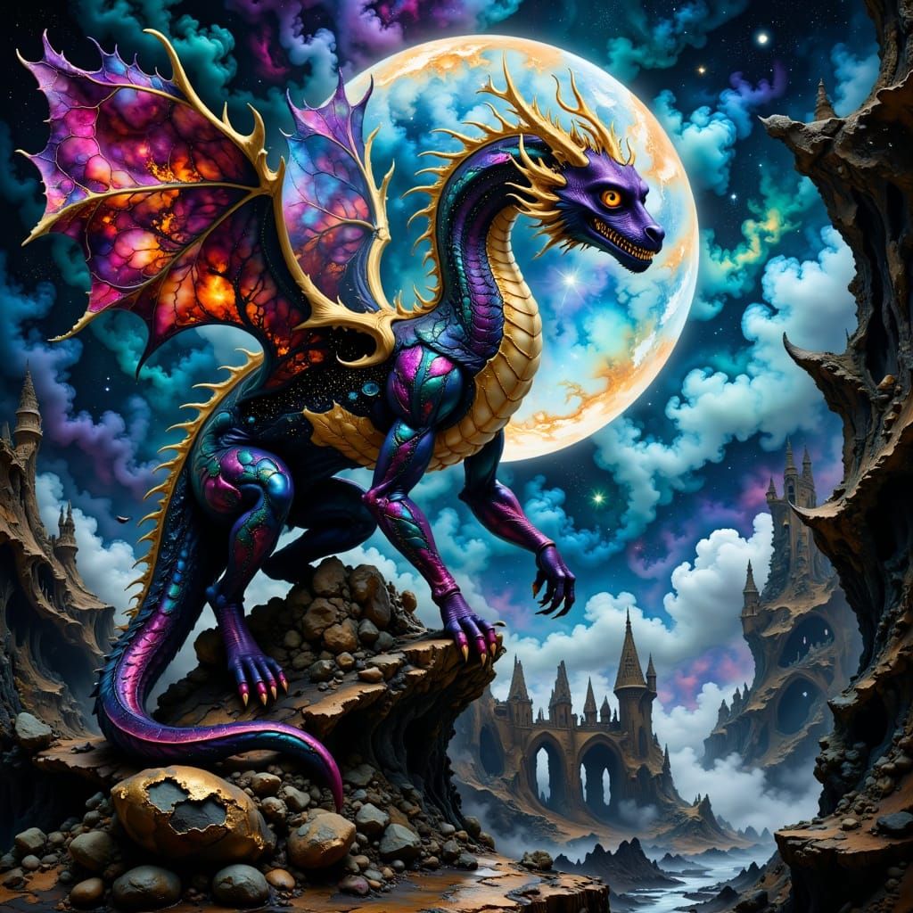 Ruby Dragon Perched on Gothic Cathedral