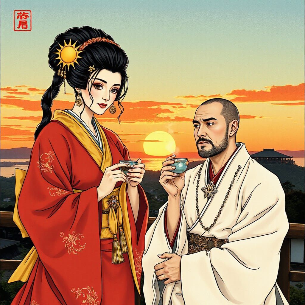 Japanese Couple in Kimono at Sunset, Ink Style