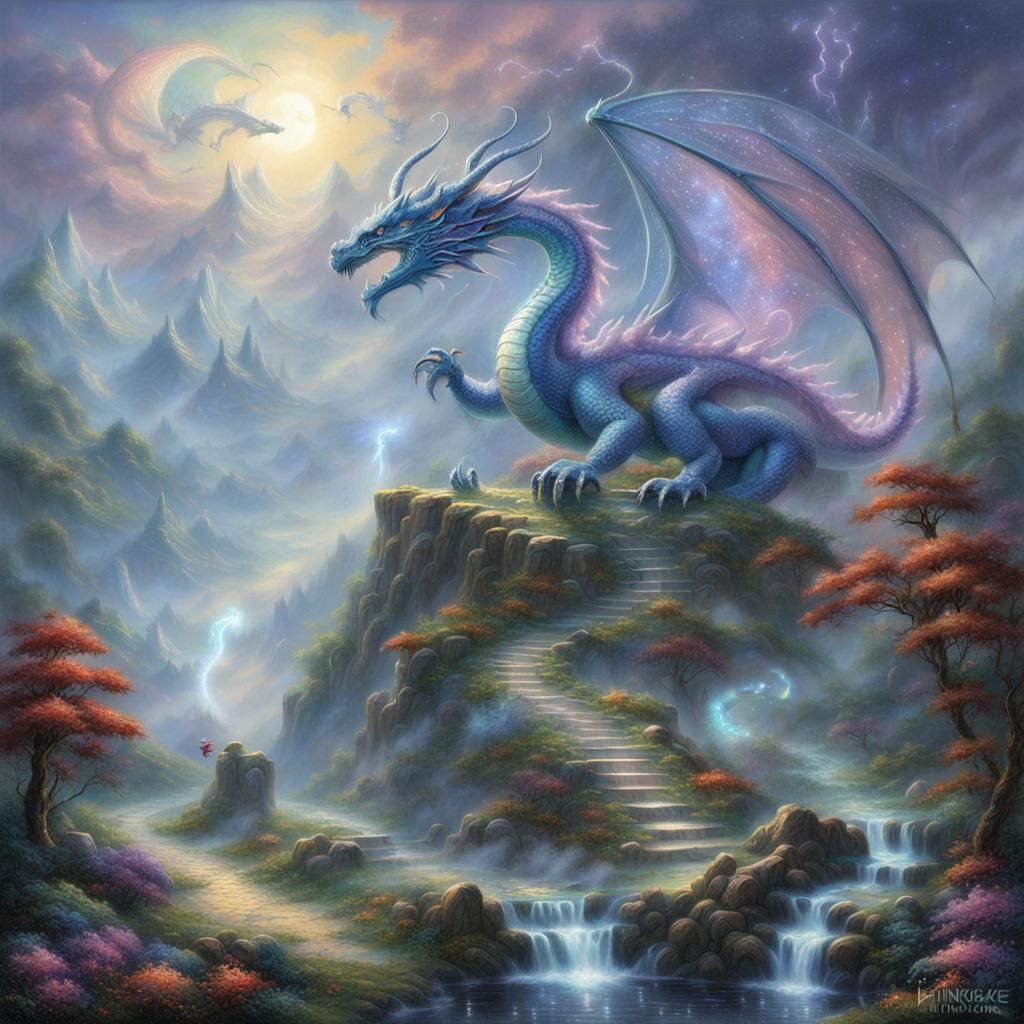 Ethereal Cosmic Dragon in Fantasy Landscape