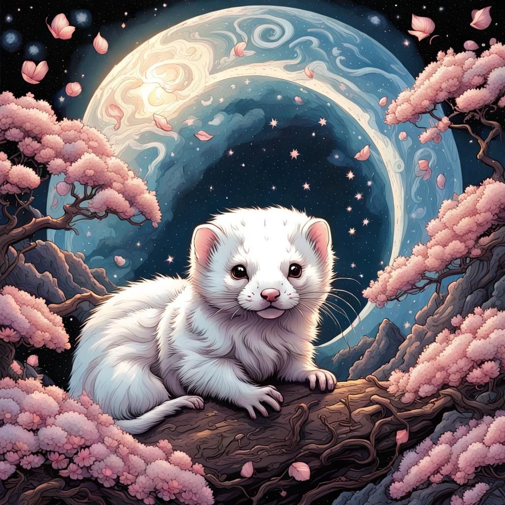 Cosmic Ferret Under Starry Sky as Gouache Painting