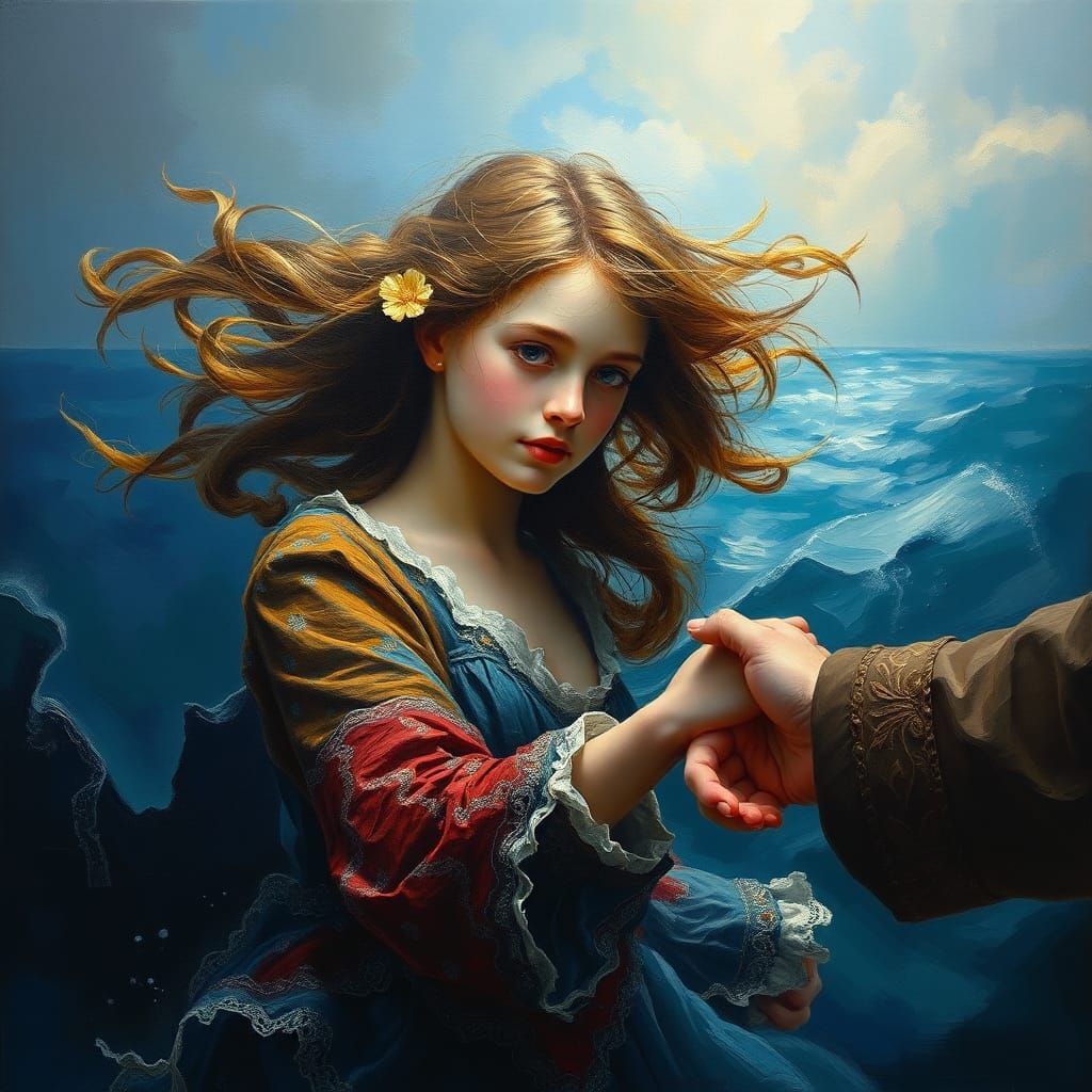 Girl Lost at Sea, Oil Painting by James Gurney Style