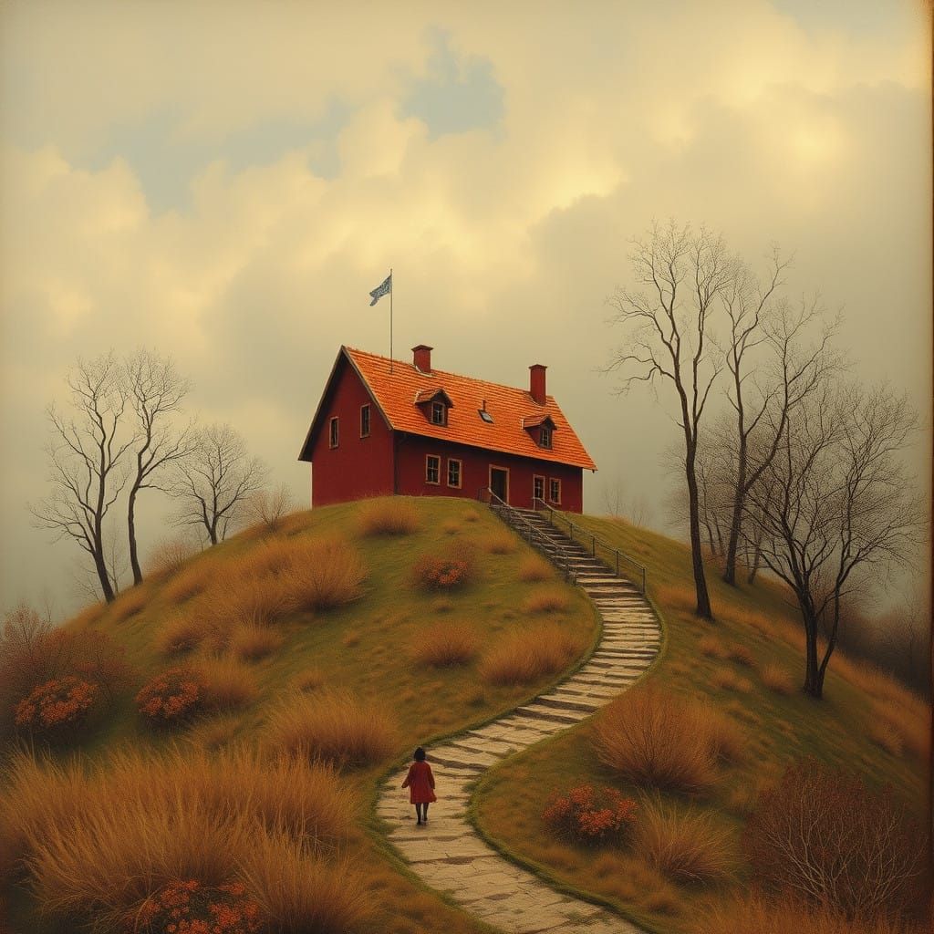 Surrealistic Red Abode Overlooking a Rolling Horizon