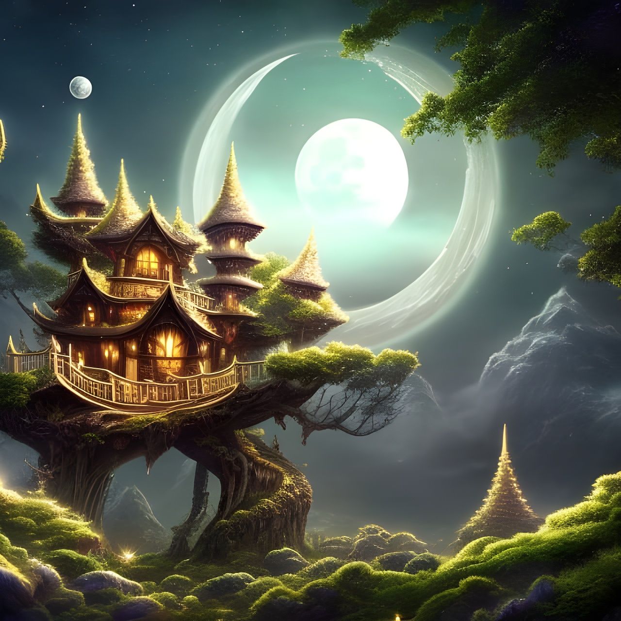 Luminescent Crystal Rose and Glitter Tree Fantasy Art