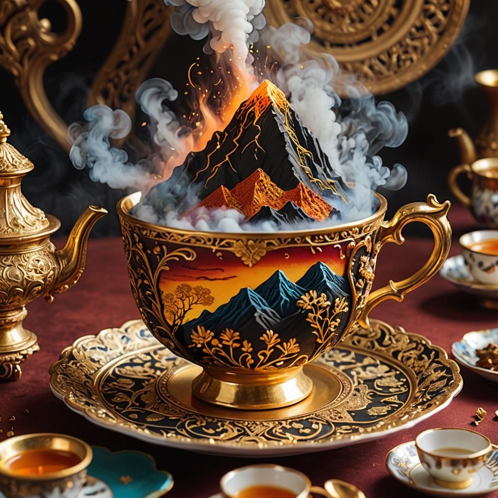 Volcanic Eruption Inside Ornate Teacup, Mughal Art