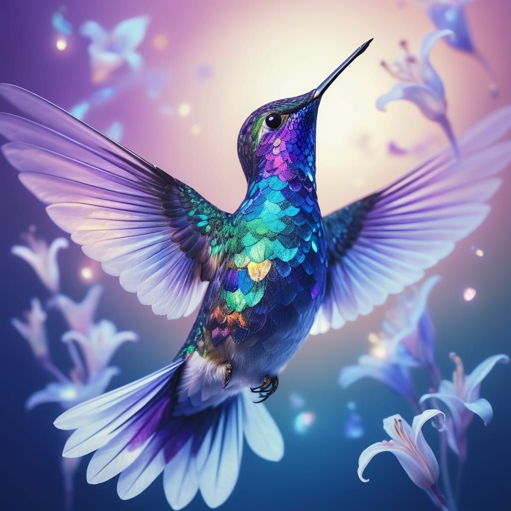 Crystal Hummingbird Shimmers in Surreal Fantasy Art