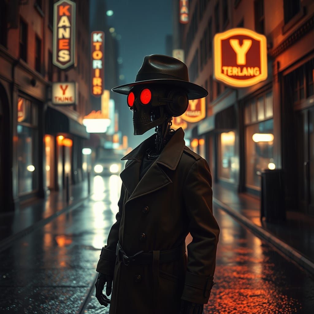 Robotic Detective in Rainy City Alleyway: Film Noir
