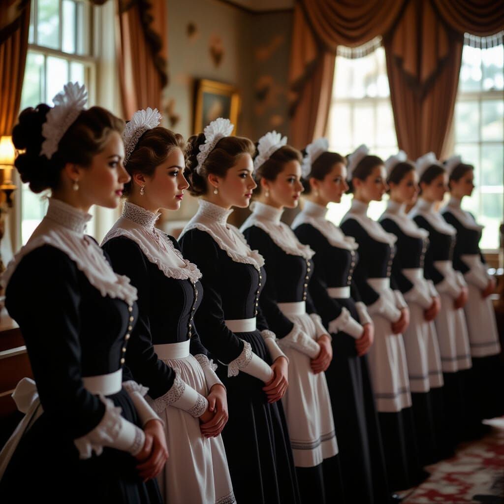 Elegant Maids in Victorian Attire, Cinematic Film Still
