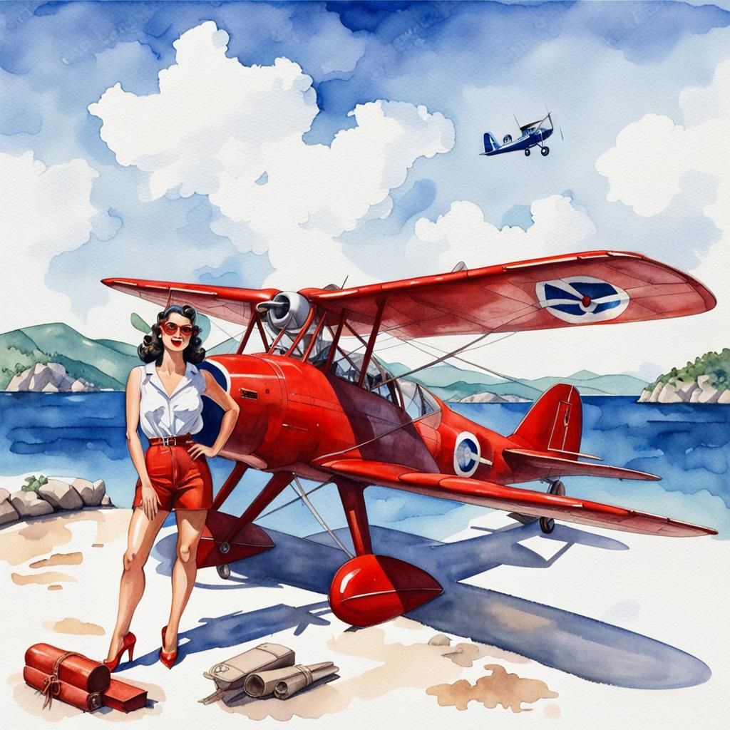 Pin-Up Girl Posing on Adriatic Island, Watercolor