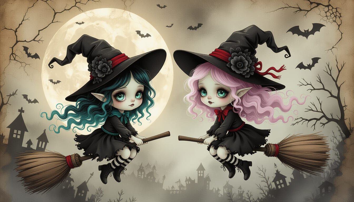 Gothic Witches Flying on Broomsticks in Sepia Tones
