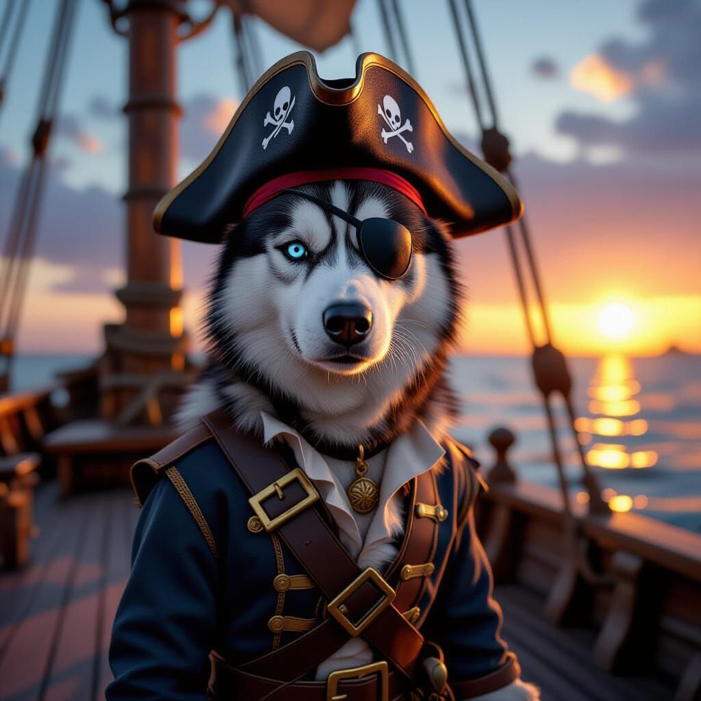 Husky Pirate on Ship Deck at Sunset