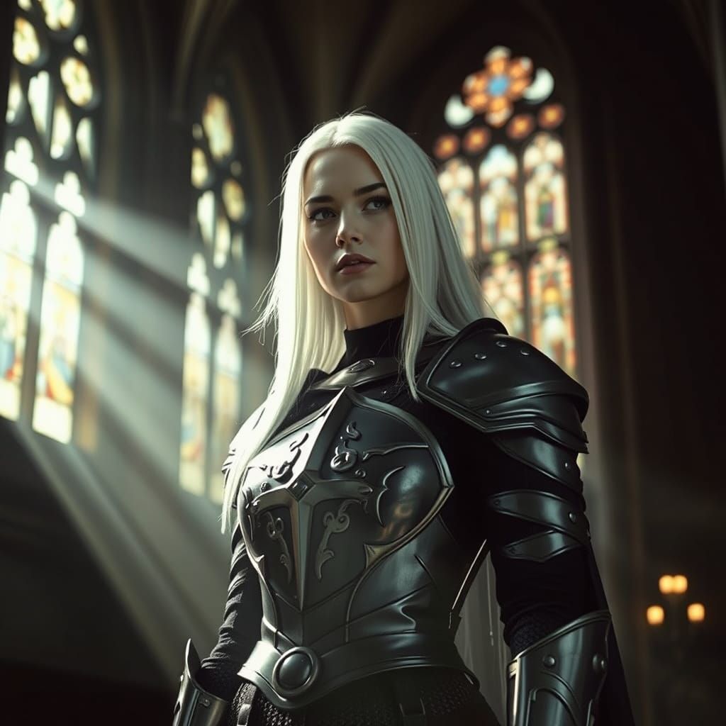 Gothic Knight in Cathedral, Vintage Film Style