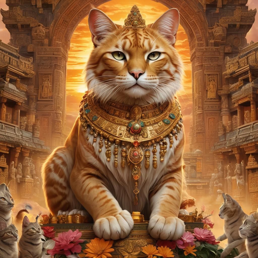 Colossal Cat Goddess Illustration with Ancient Temple