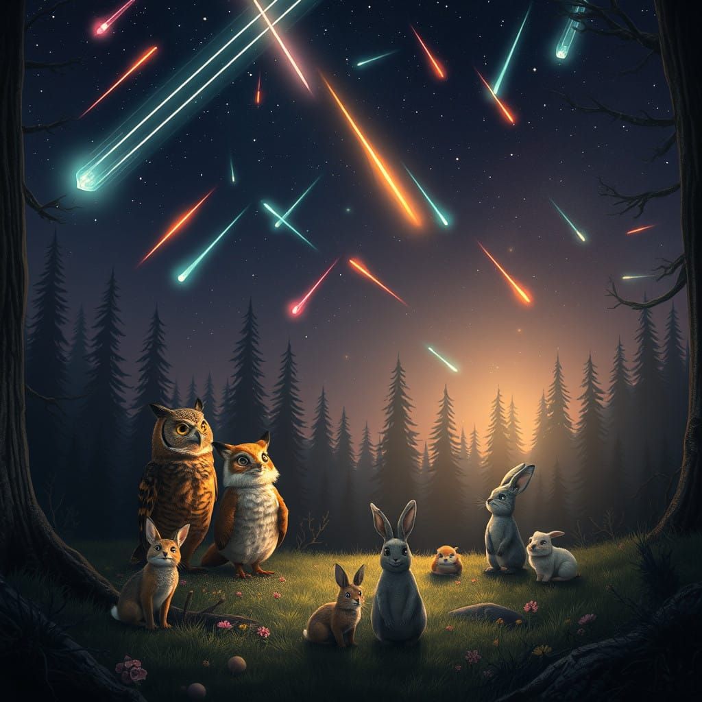 Celestial Gathering: Whimsical Forest Creatures Amidst a Met...