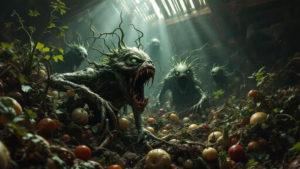 Eldritch Vegetable Zombies in Decaying Root Cellar