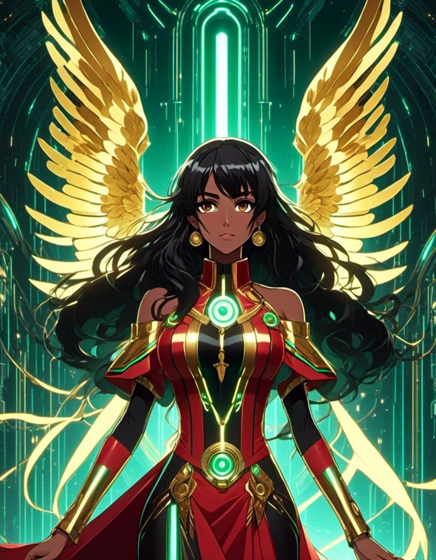 Symmetrical Anime Goddess, flowing black hair, brown skin. golden eyes, black angel wings, green & red with yellow accen...