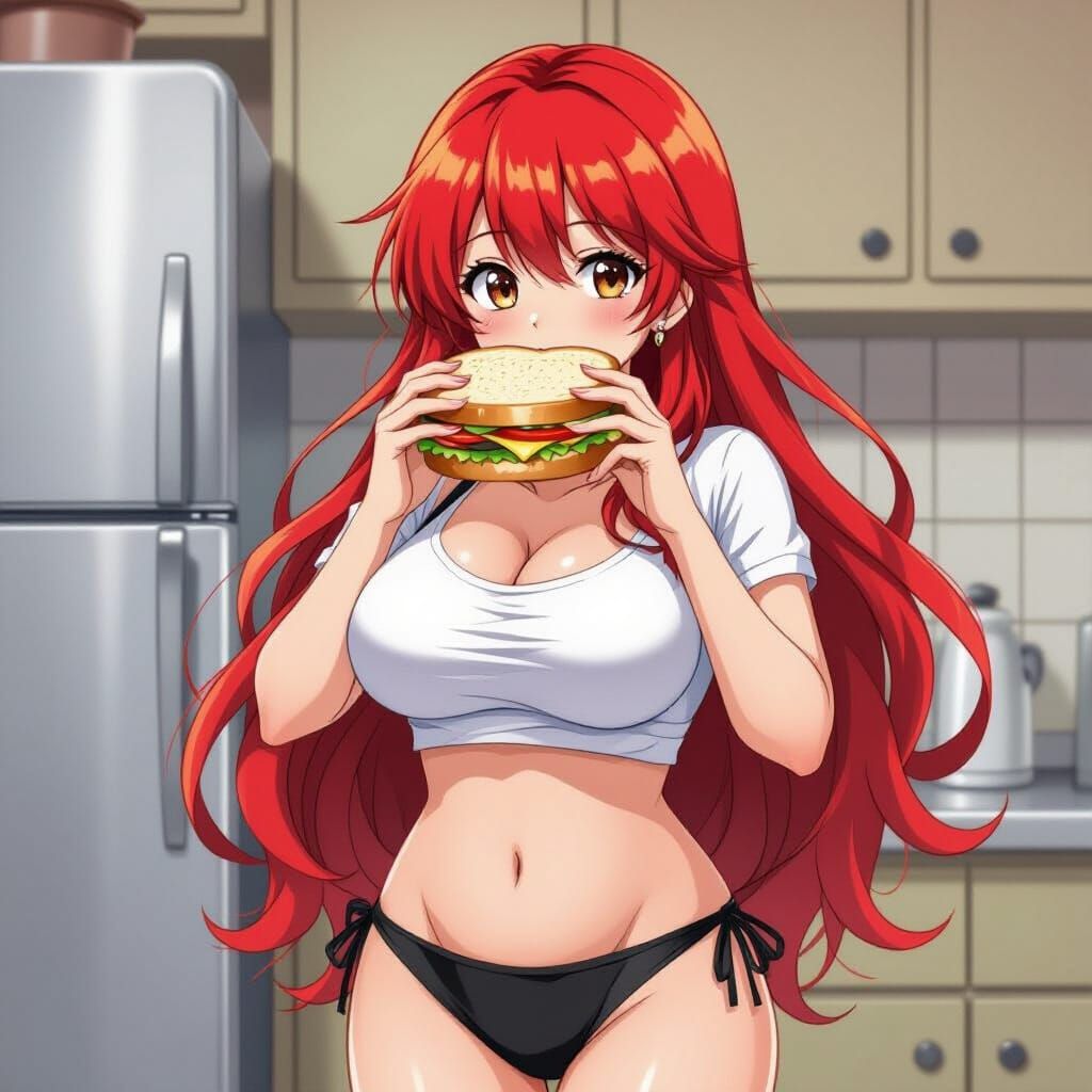 Anime Woman with Red Hair Eating Sandwich
