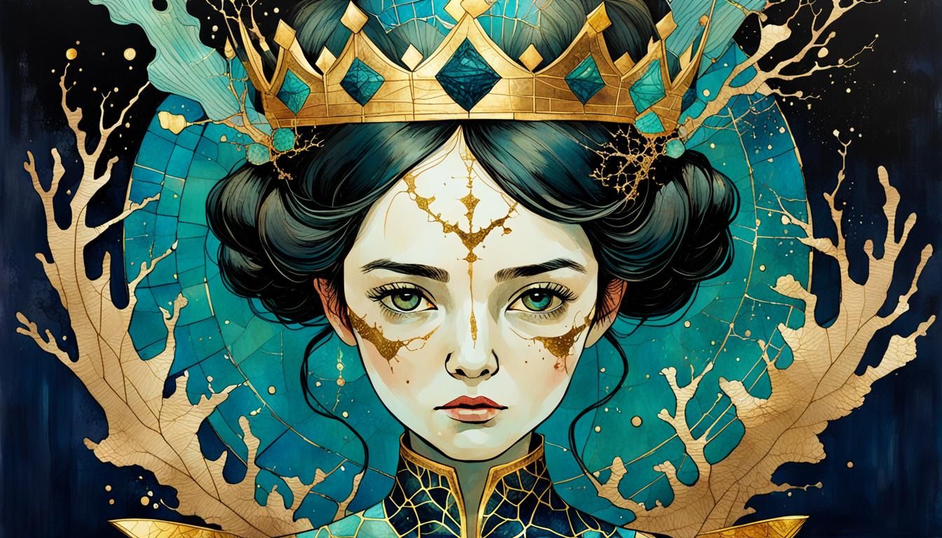 Woman with Kintsugi Crown in Alcohol Ink Style