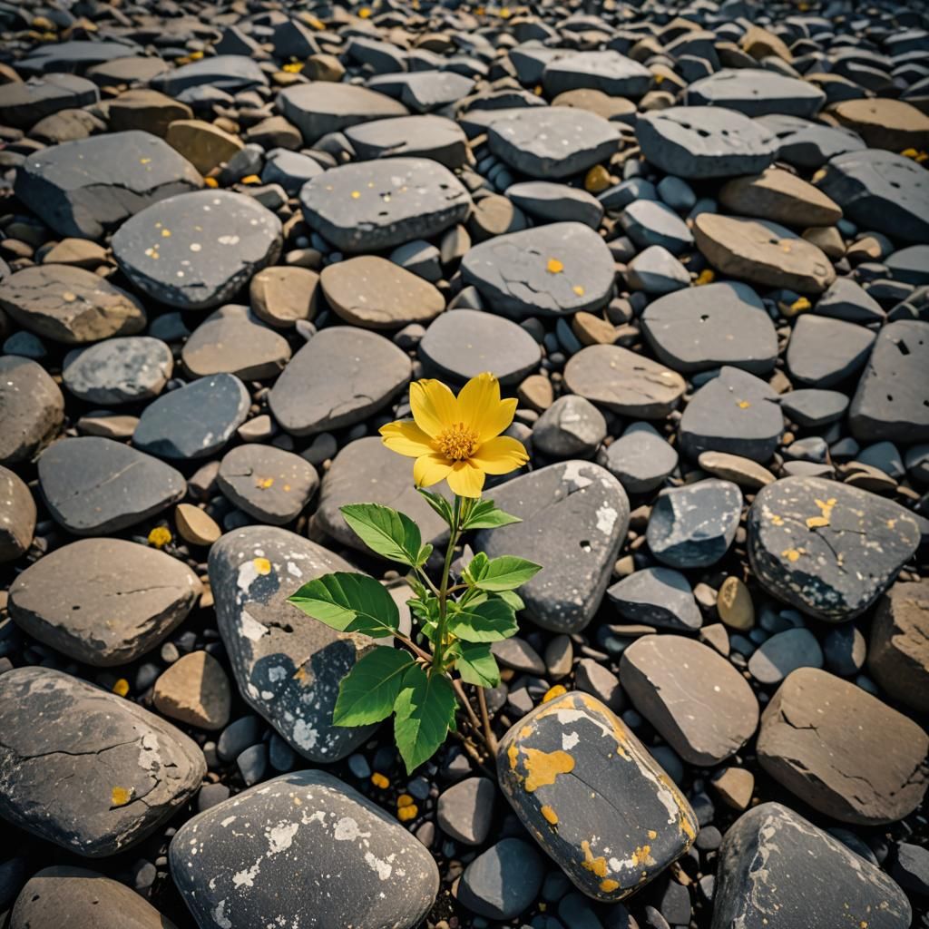 Yellow Flower Blooms Amidst Broken Stones: Cinematic Still