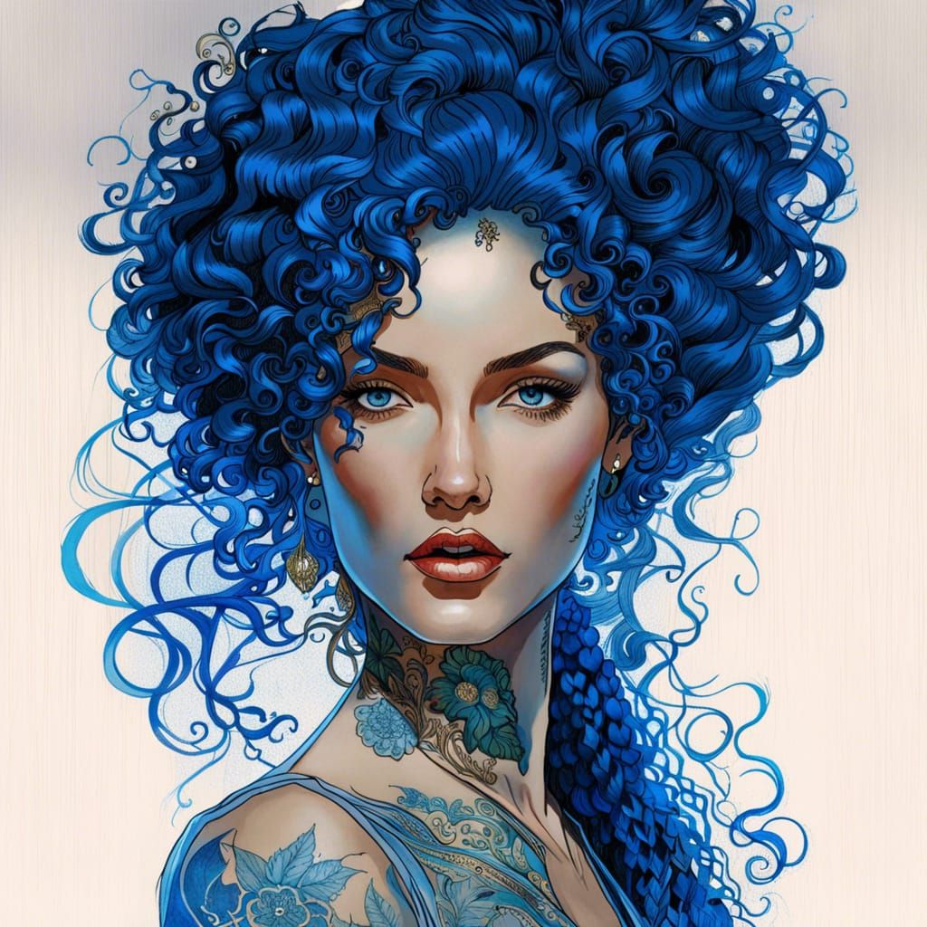 Gorgeous Woman with Blue Hair and Tattoos