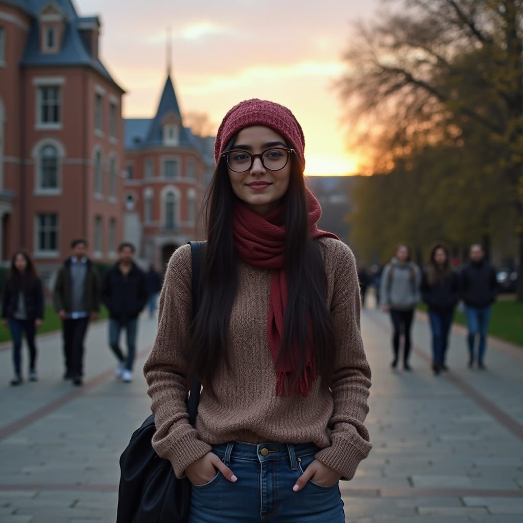 Middle Eastern Woman on Campus in Hyper-Realistic Style