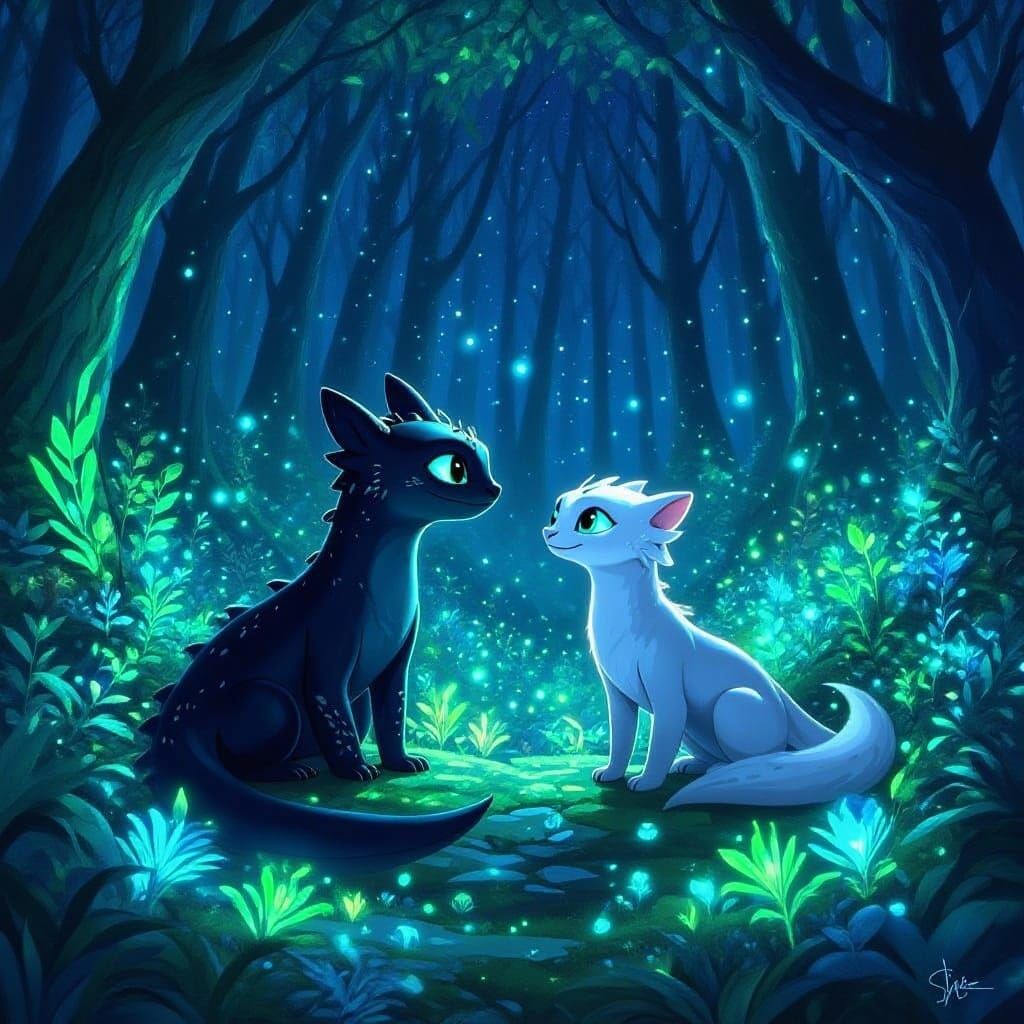 Toothless and Light Fury in Bioluminescent Forest