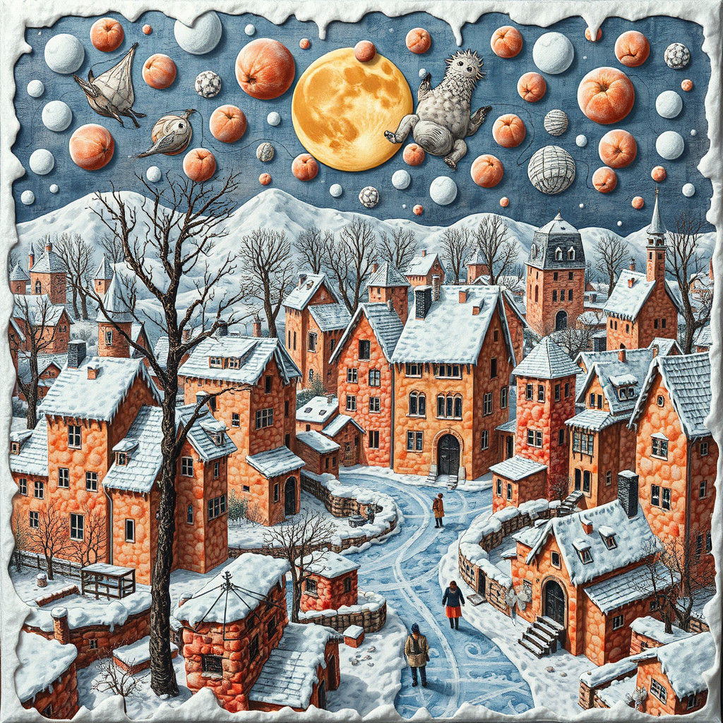 Surreal Frozen Peach Town: A Post-Impressionistic Collage