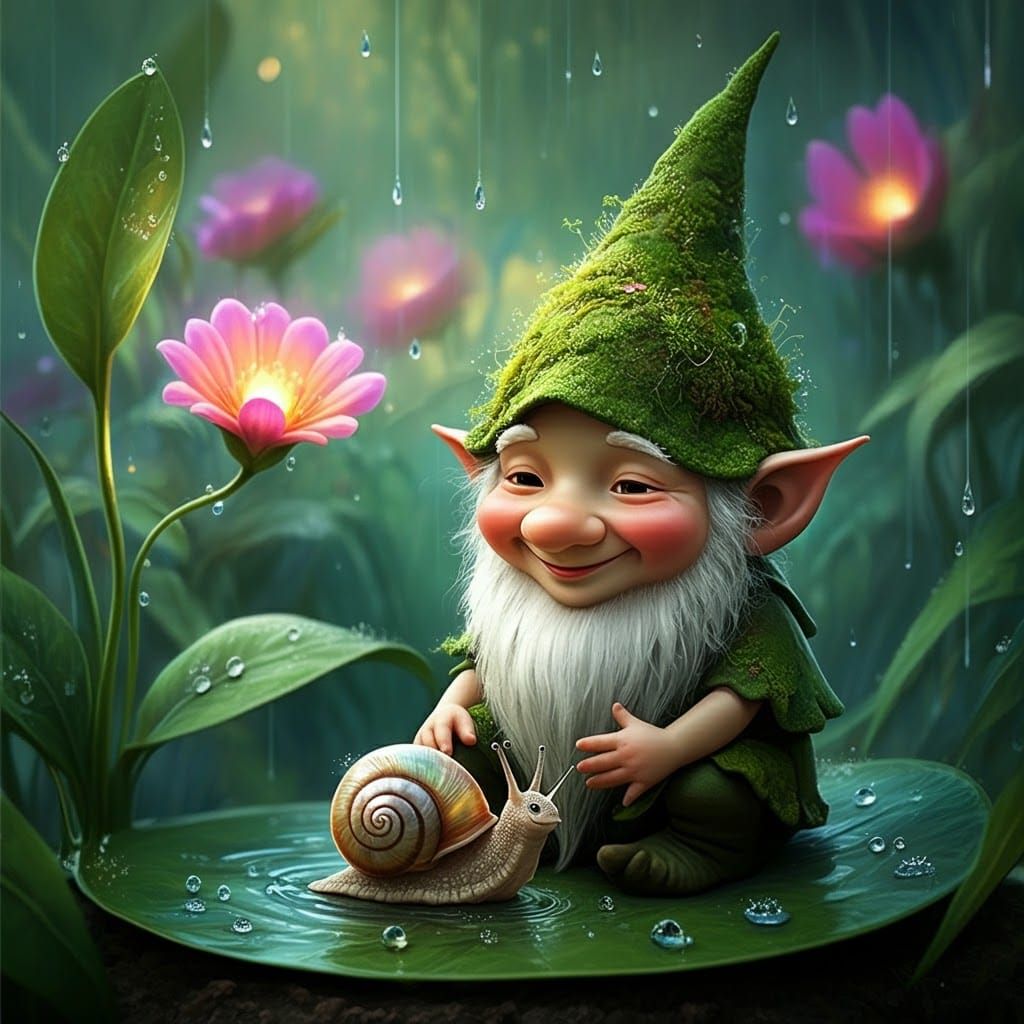 A whimsical gnome with a pet snail, in a magical garden