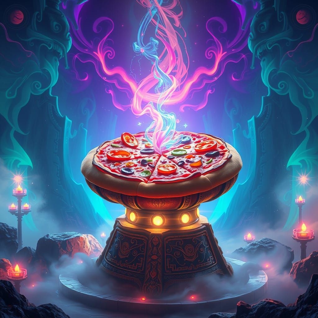 Glowing Fantasy Pizza on Ancient Pedestal