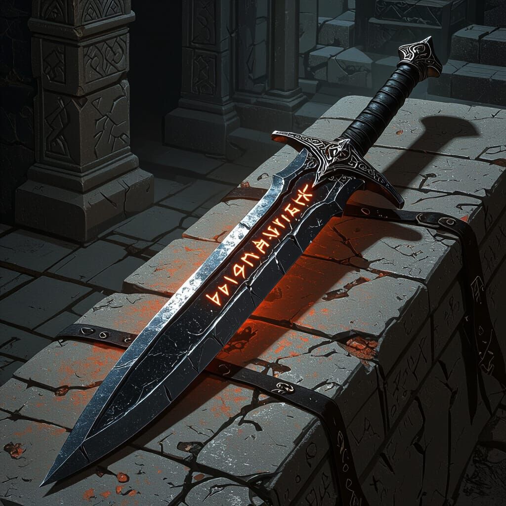 Daedric Longsword on Altar in Dark Fantasy Style
