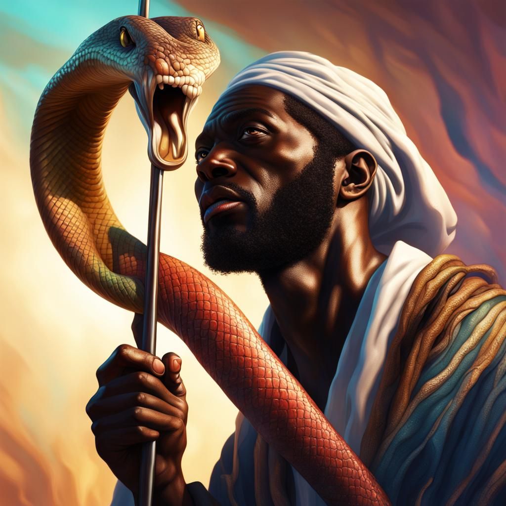 Black Moses Transforms Staff into Serpent: Hyperrealistic Ar...
