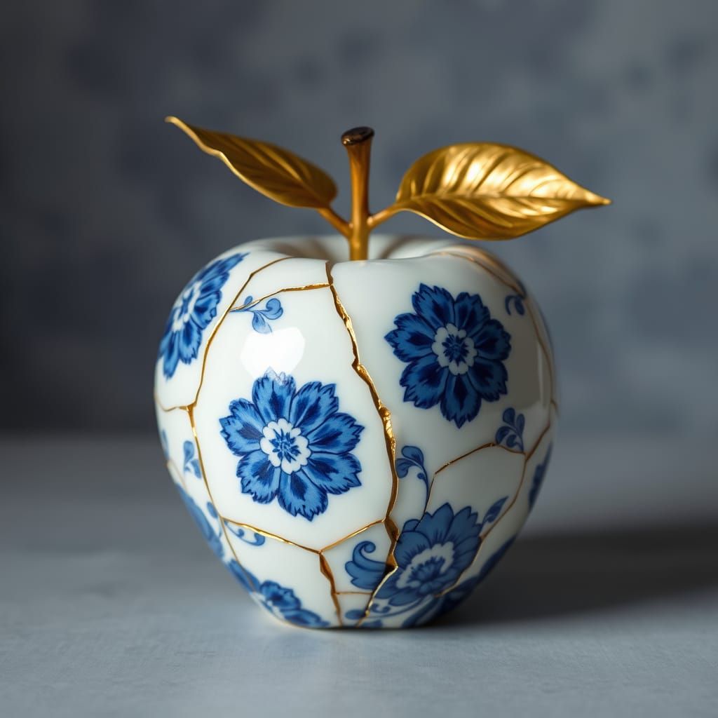 Hyper-Realistic Porcelain Apple with Intricate Blue Floral P...