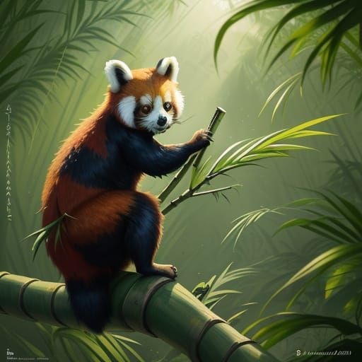 Red Panda Climbing Bamboo in Vivid Splash Art