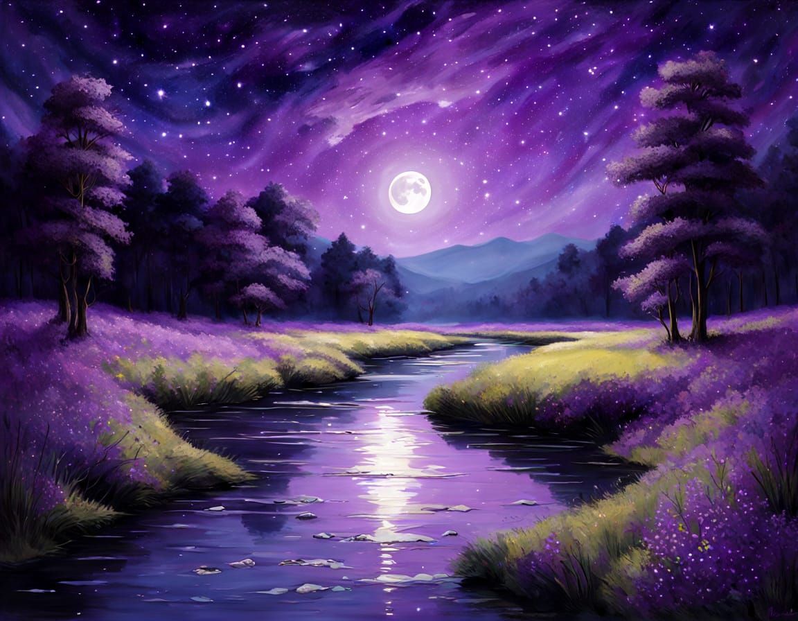 Moonlit River Under Violet Stars