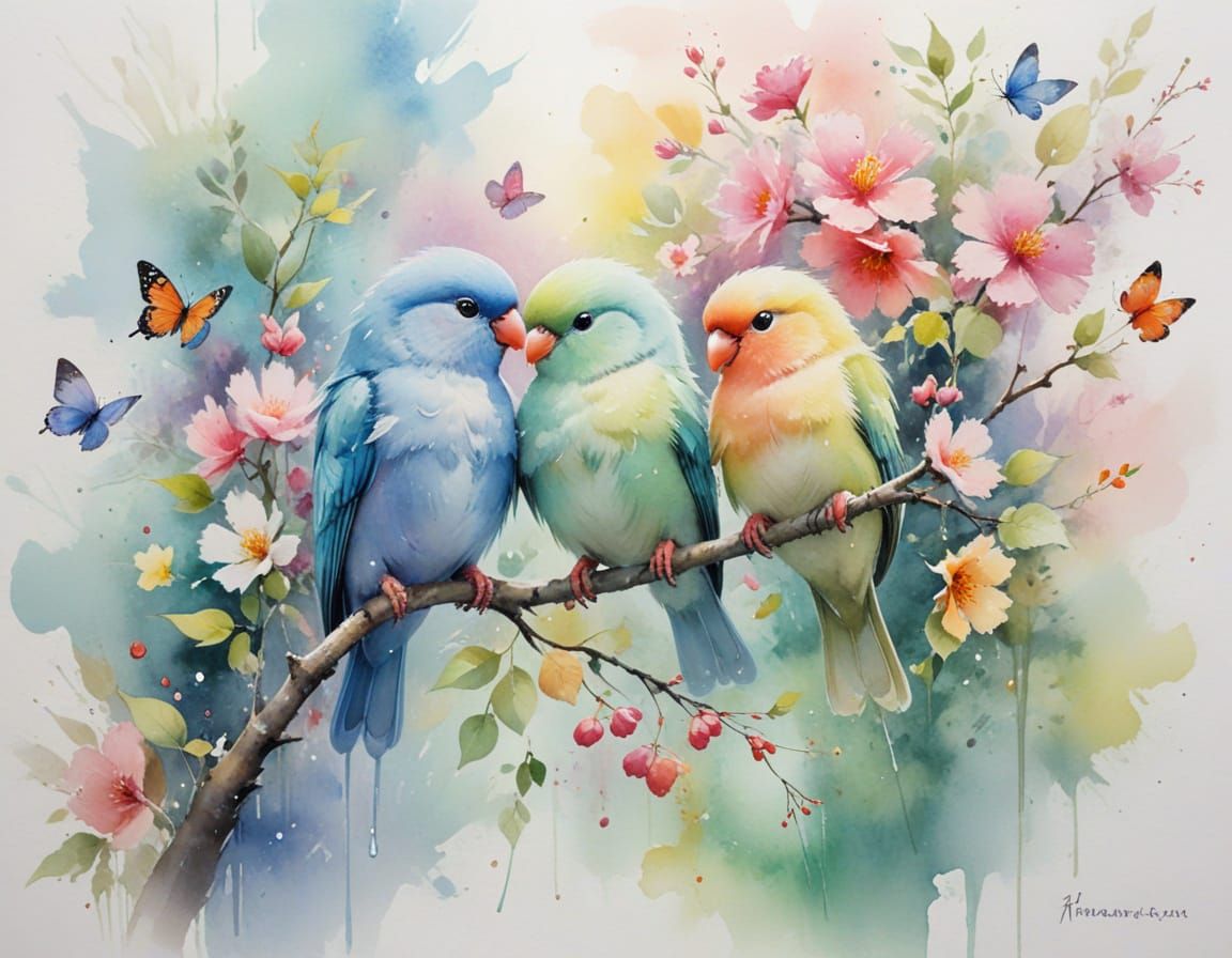 Pastel Lovebirds in Lush Watercolor Magical Garden