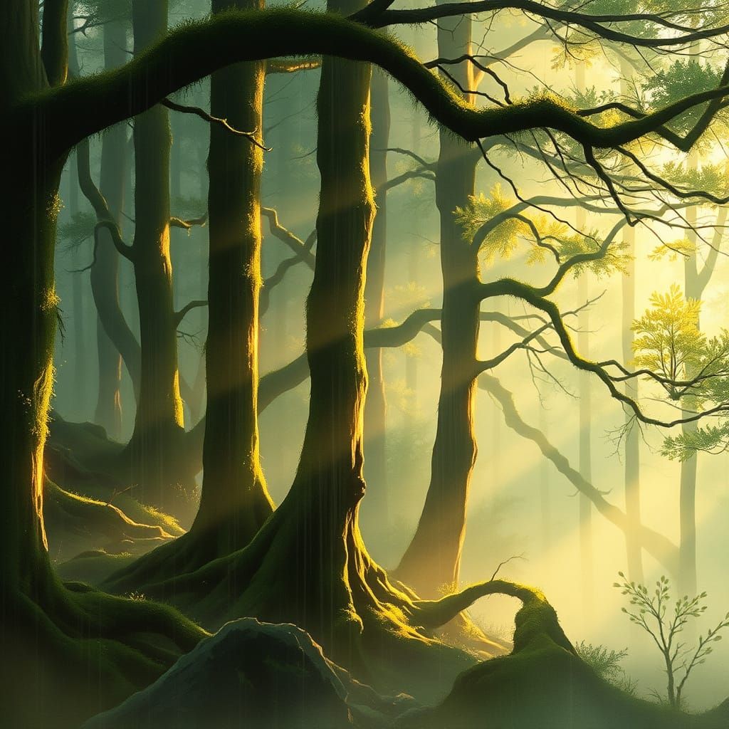 Misty Forest Rain with Sunlight, Vibrant Watercolor