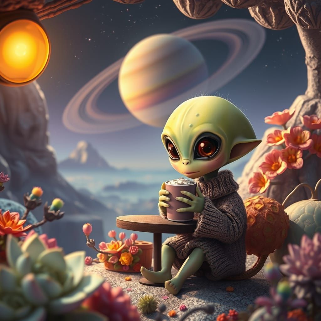 Cute Alien Sipping Hot Chocolate in Cozy Cafe