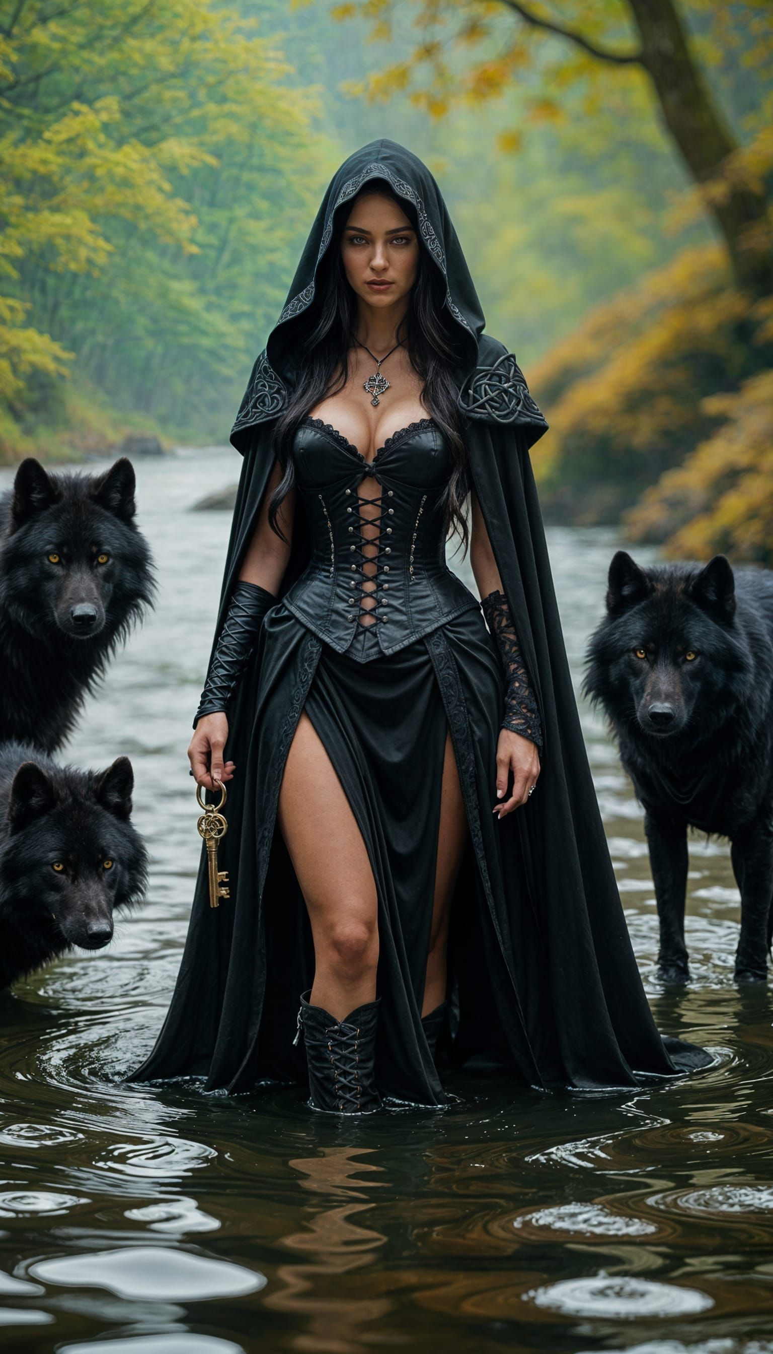 Mysterious Woman with Wolves in Dark Forest