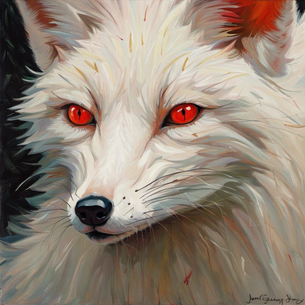 Albino Fox with Red Eyes as Oil Painting