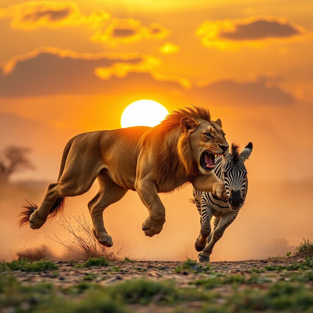 Lion Chases Zebra at Golden Hour, Cinematic Wildlife Scene