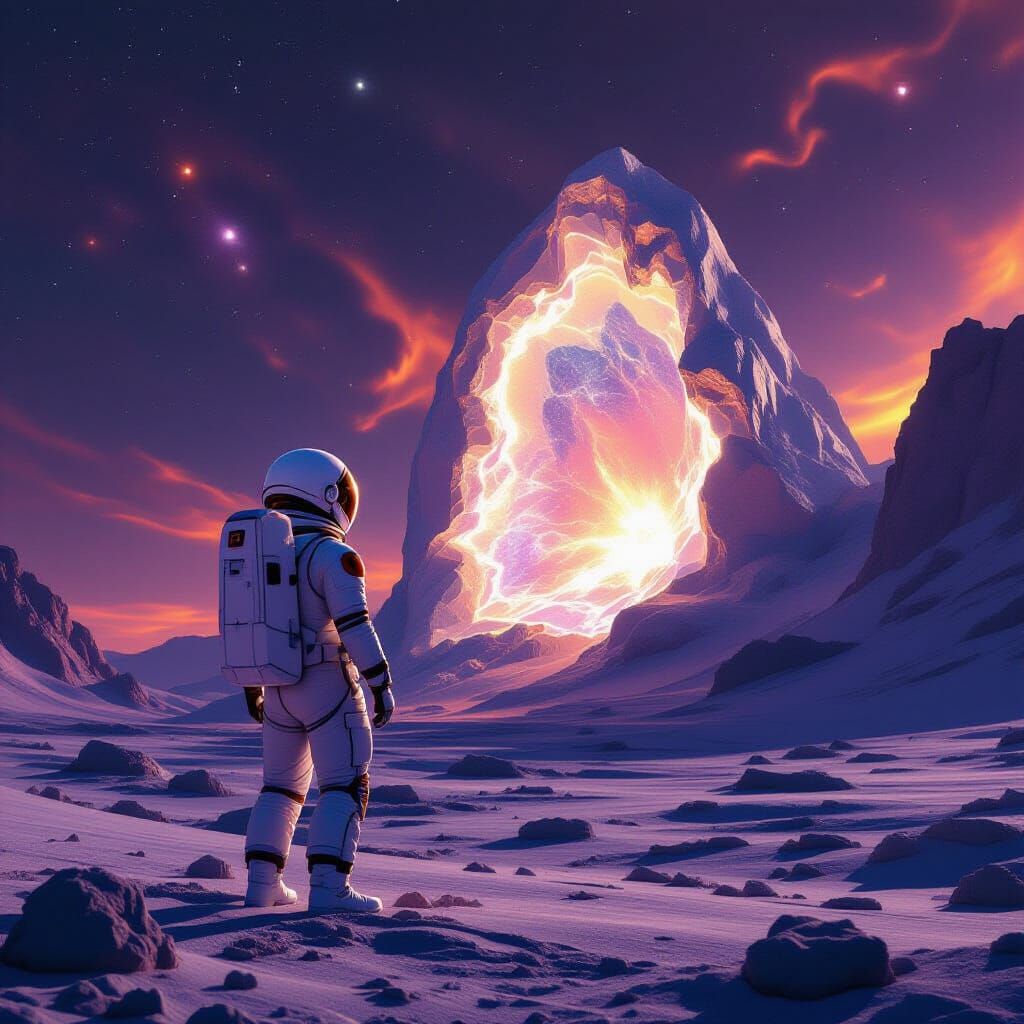 Astronaut Discovers Glowing Geode on Alien World
