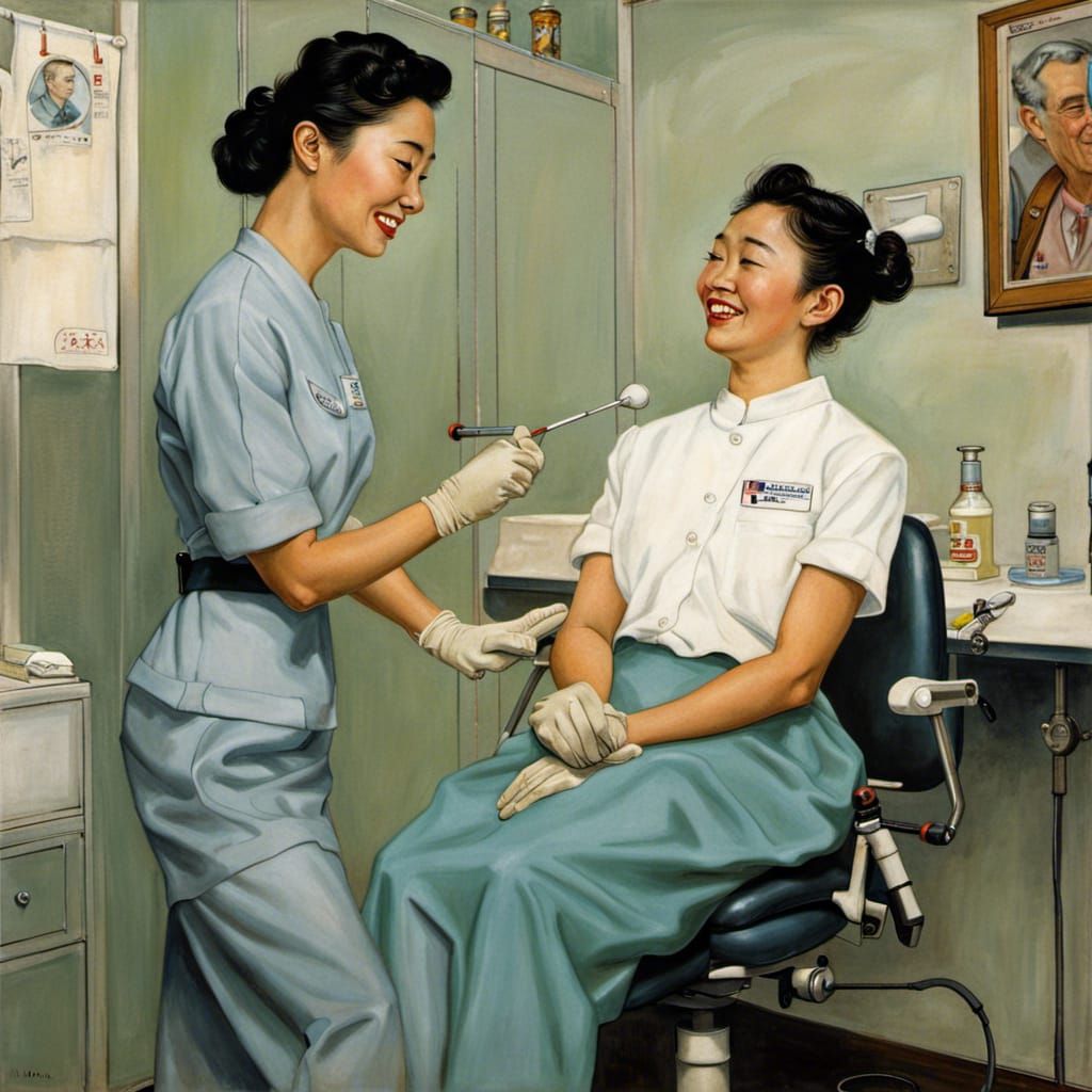 Asian Hygienist and Calm Patient in Rockwell Style