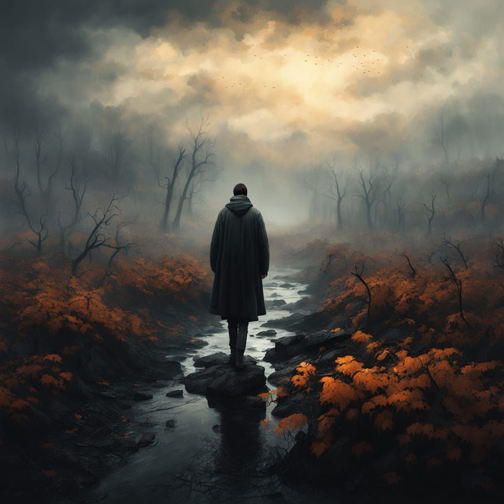 Sorrowful Figure Walks Through Autumnal Mist